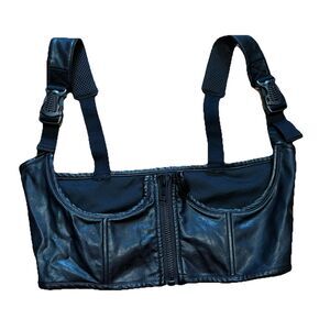 Poster Grl Corset Crop Top Black Faux‎ Leather Buckle Strap Zip Front Bralette